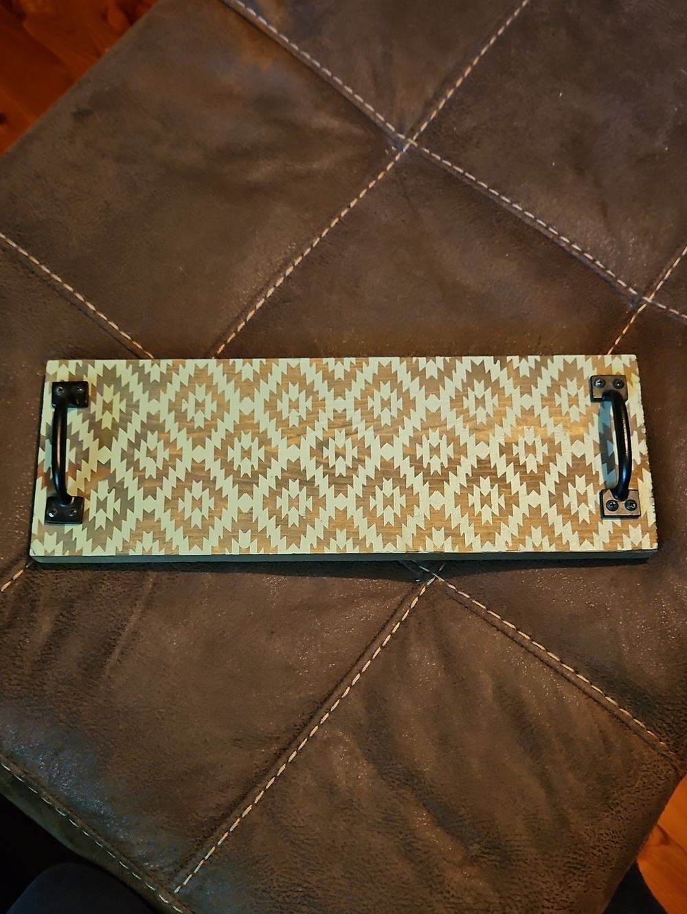 Decorative Handcrafted Patterned Serving Tray with Black Handles